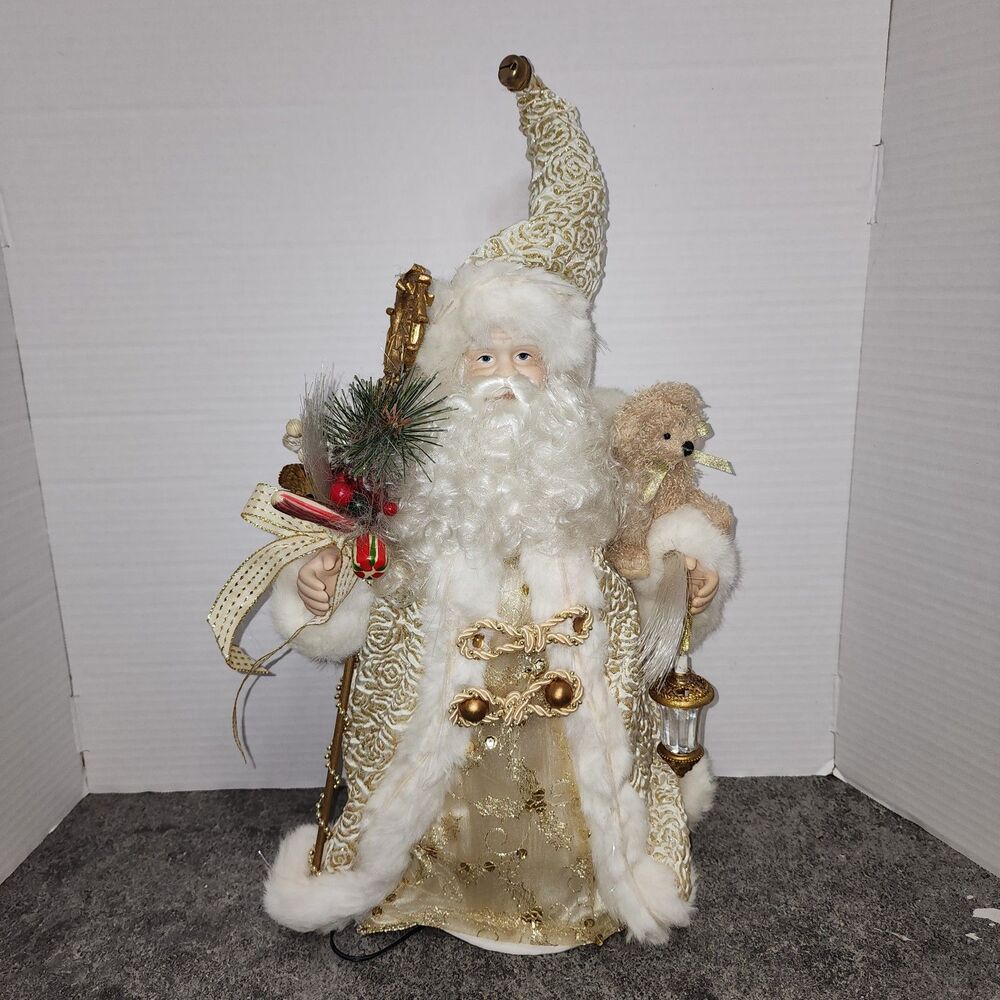 Vintage Ivory Gold Santa Tree Topper Figurine Cream Brocade Teddy Bear 14"